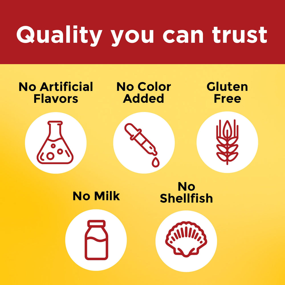 Product image indicating no artificial colors flavors gluten milk or shellfish