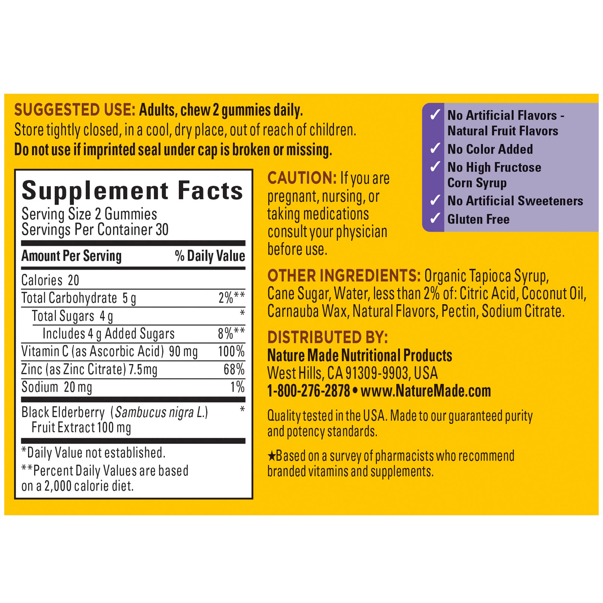 No artificial flavors, colors or sweeteners label on elderberry gummies.