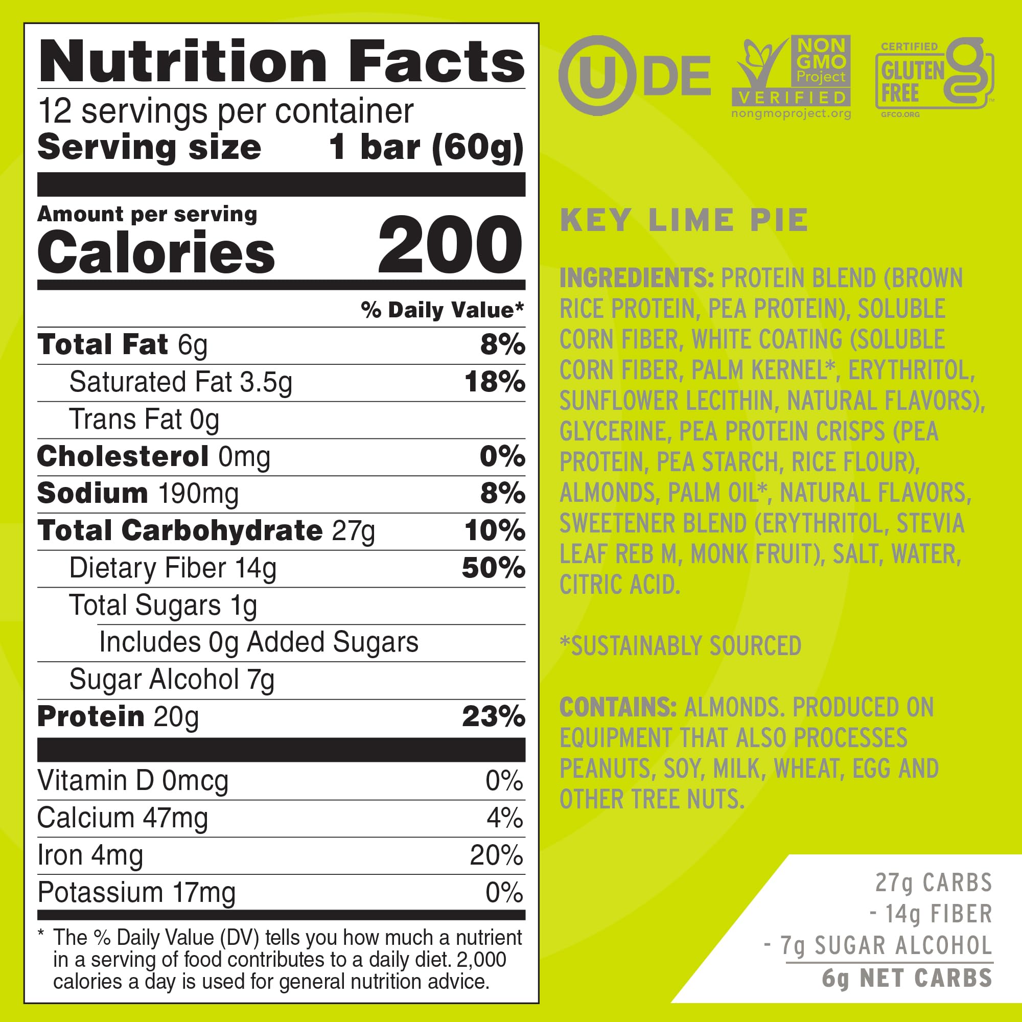No Cow Key Lime Pie bar packaging highlighting gluten-free, dairy-free, vegan, keto-friendly