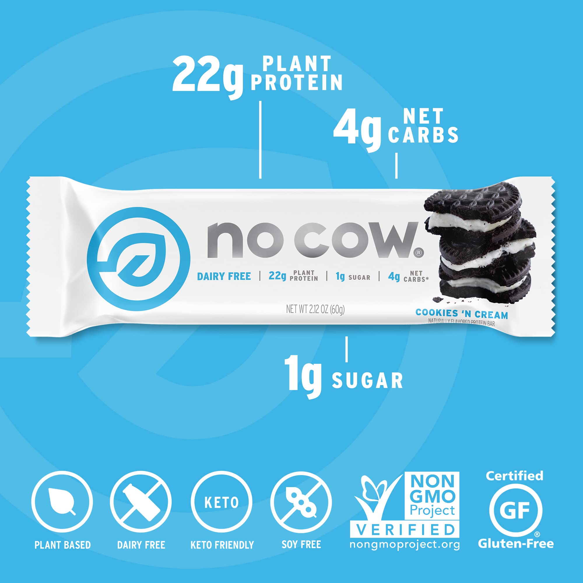 Close-up of No Cow Cookies 'n Cream 60g bar