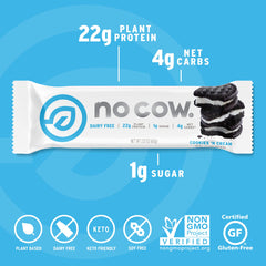 Close-up of No Cow Cookies 'n Cream 60g bar