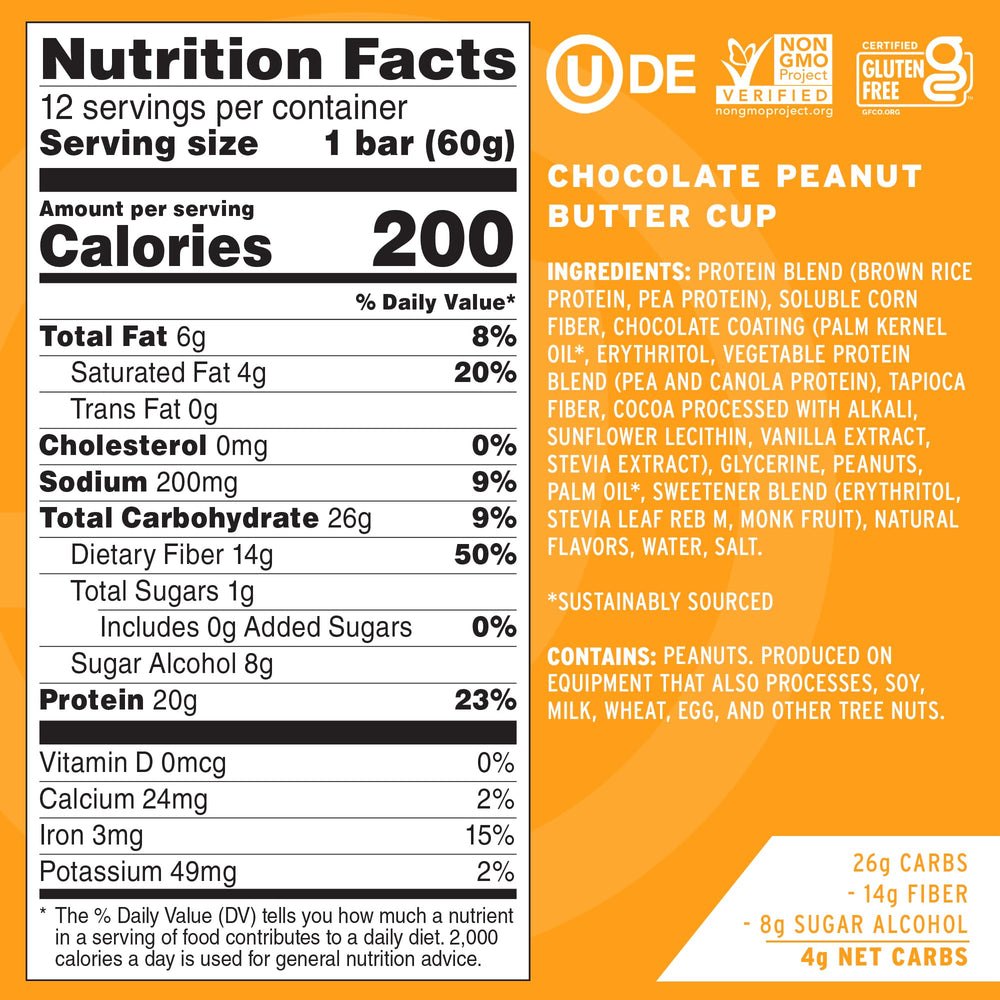 Close-up of No Cow vegan protein bar with chocolate peanut butter cup flavor