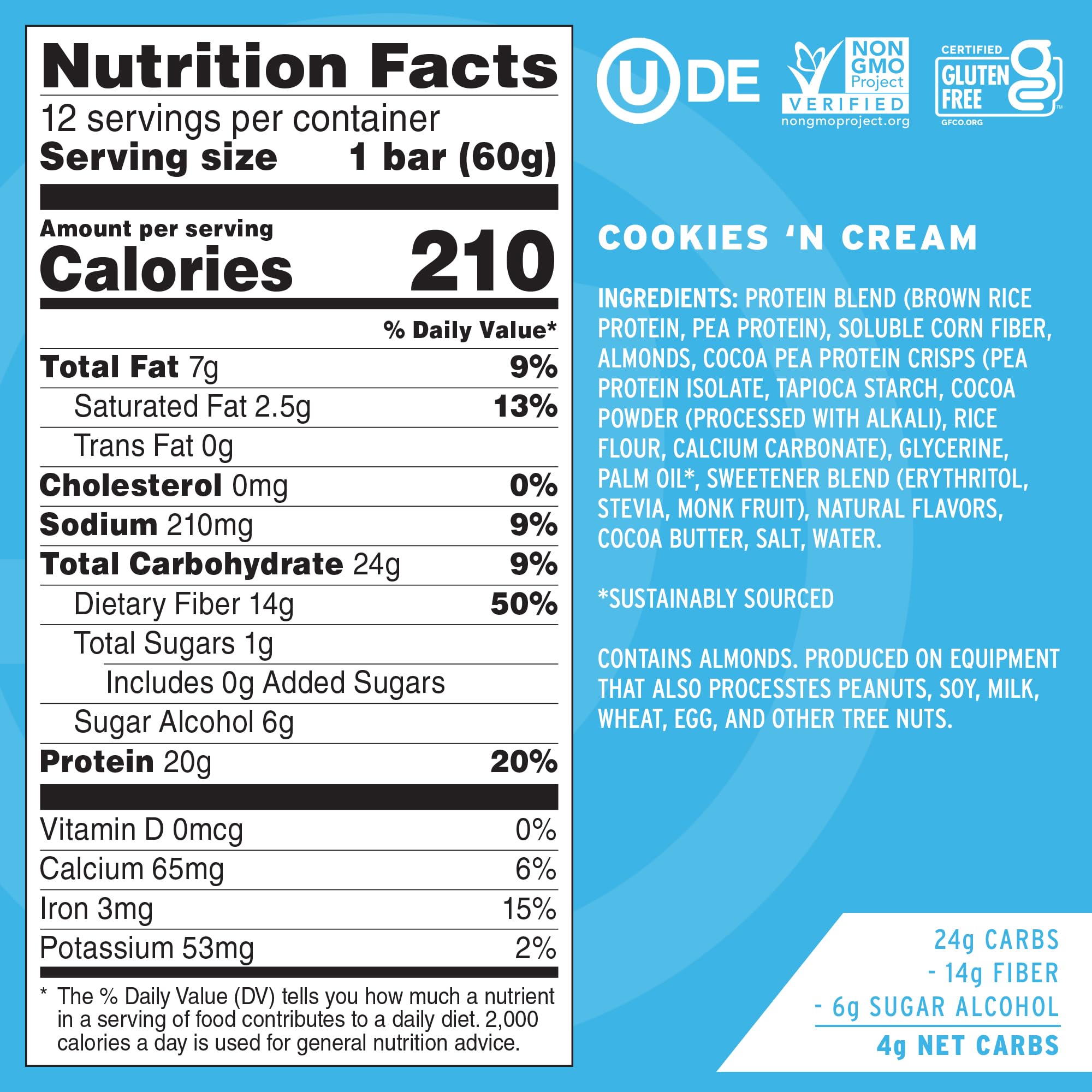 Box packaging for No Cow Cookies 'n Cream vegan protein bars