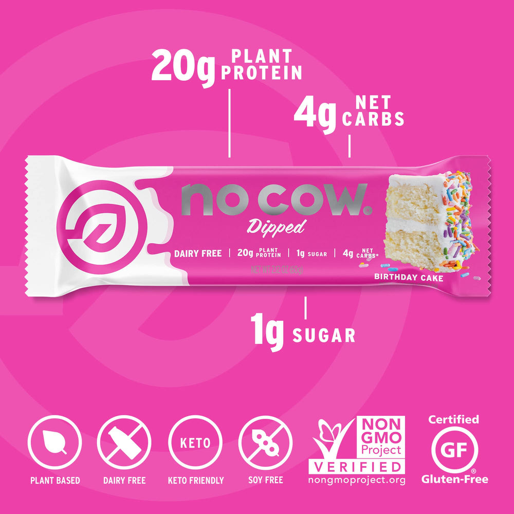 Close-up of No Cow Birthday Cake vegan protein bar