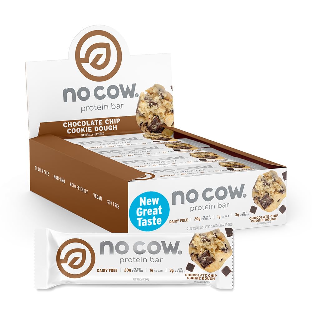 Front view of No Cow Vegan Protein Bar – Upgraded Chocolate Chip Cookie Dough, 60g with 20g protein