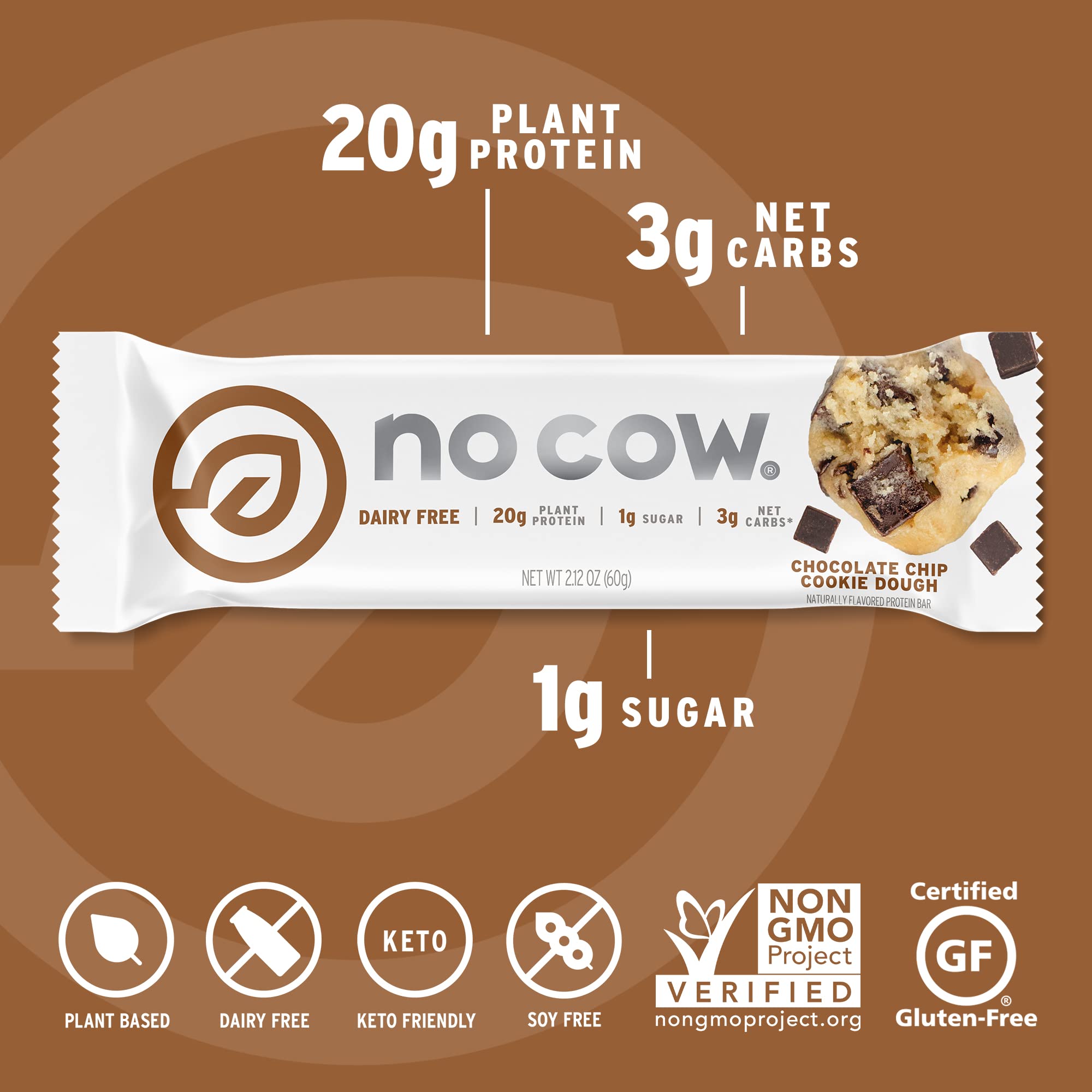Several No Cow vegan protein bars in Chocolate Chip Cookie Dough flavor