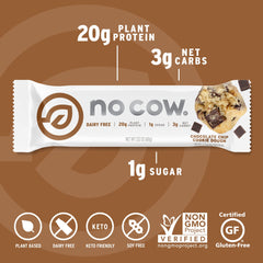 Several No Cow vegan protein bars in Chocolate Chip Cookie Dough flavor