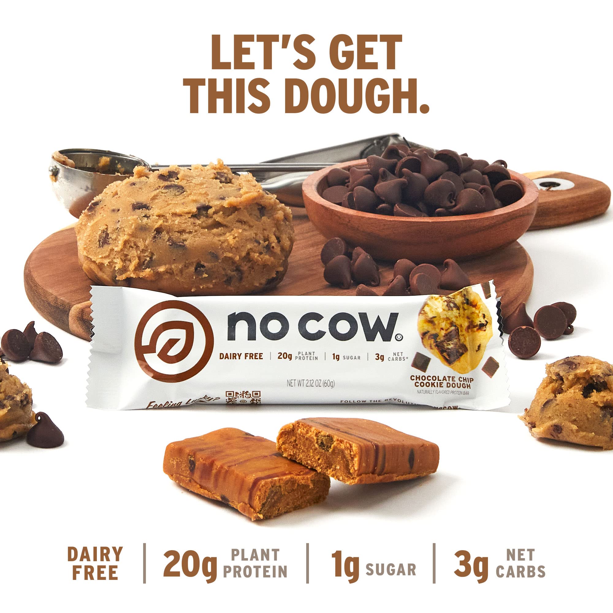 Box of No Cow Vegan Protein Bars (12 bars) – Upgraded Chocolate Chip Cookie Dough flavor