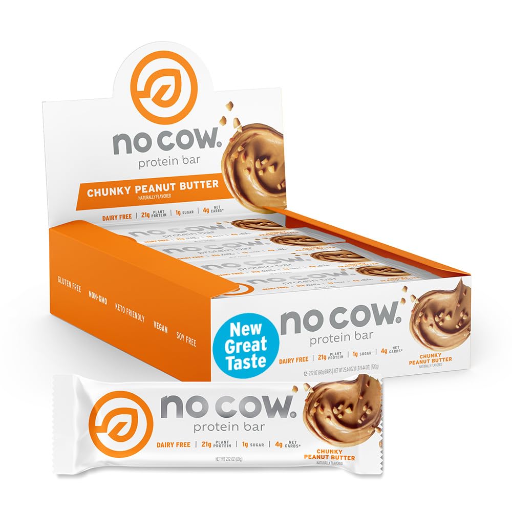 Box of No Cow Vegan Protein Bars - Upgraded Chunky Peanut Butter, 12 bars