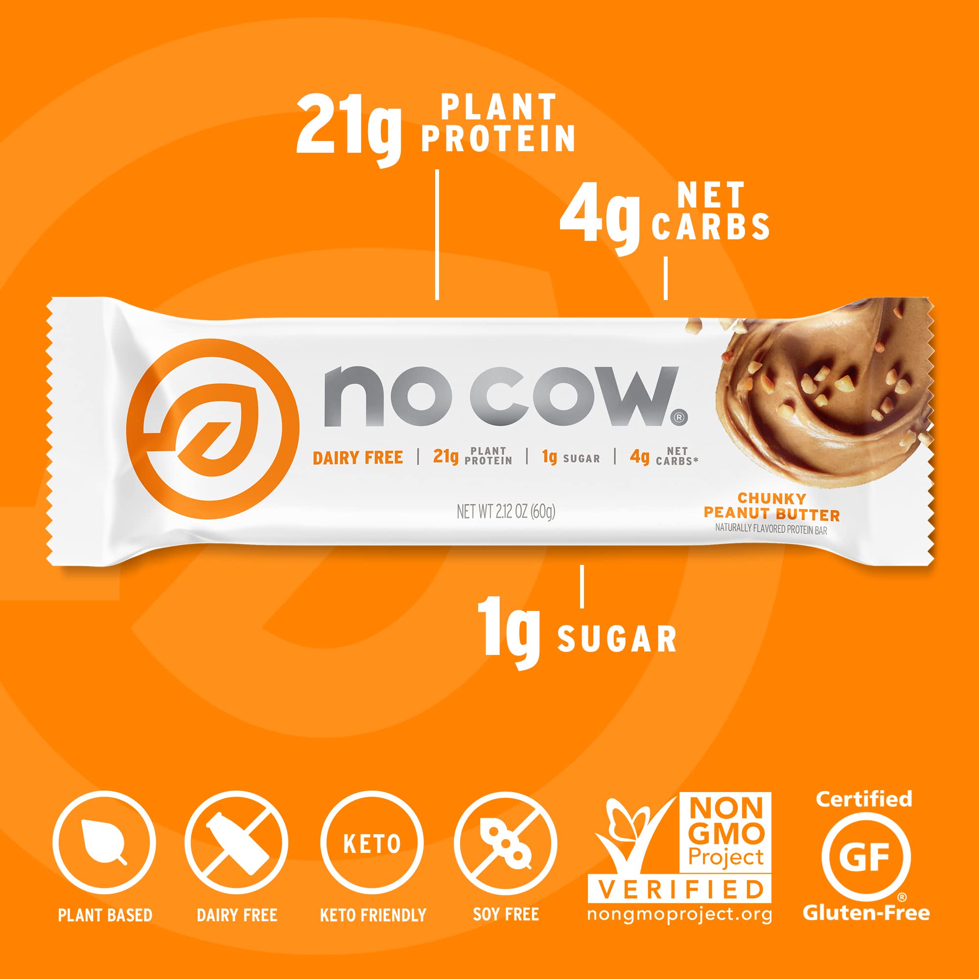 Nutrition and ingredients for No Cow vegan protein bar (20g protein, 1g sugar)