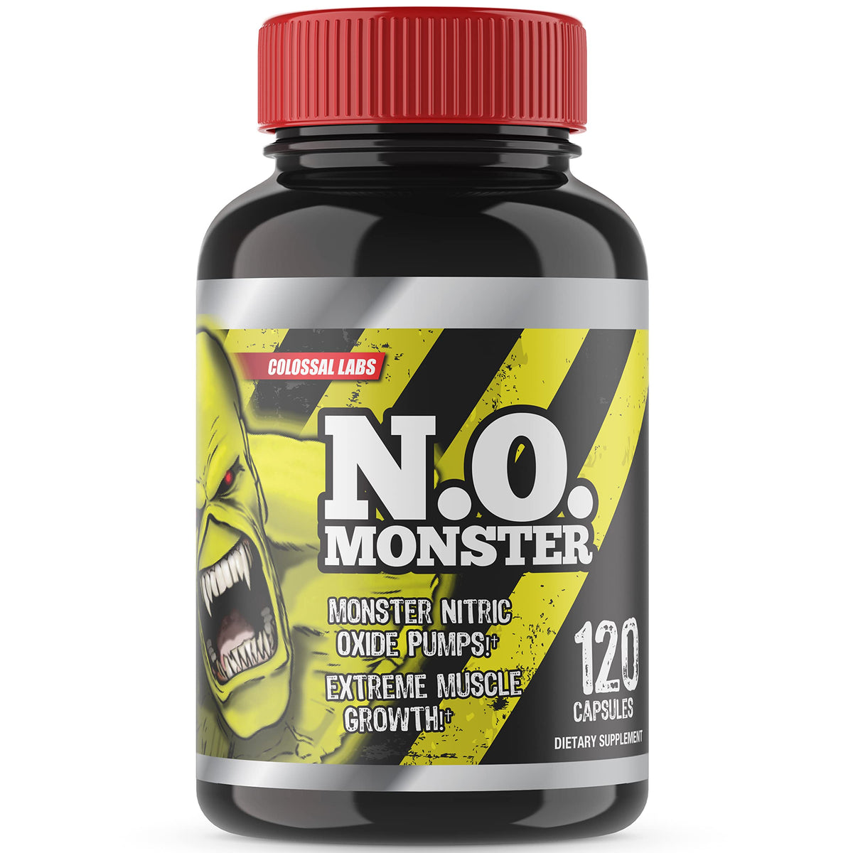 Front view of N.O. Monster Nitric Oxide Booster bottle with L-Arginine