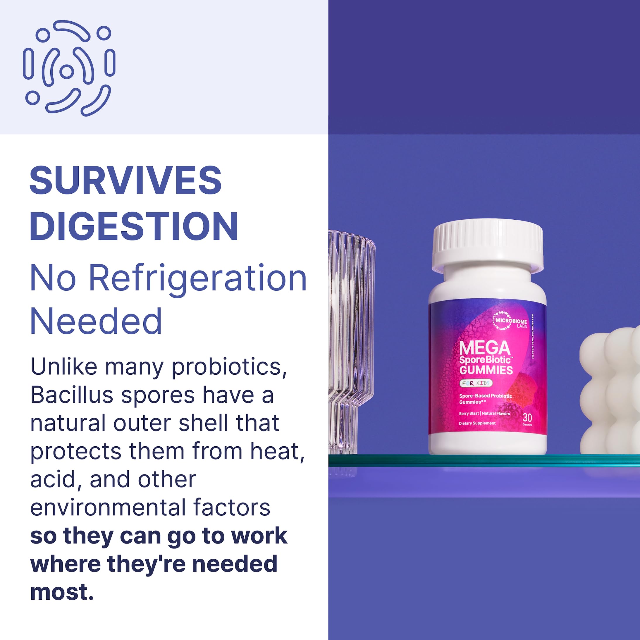 Microbiome Labs MegaSporeBiotic Gummies no refrigeration label indicating shelf-stable probiotic.