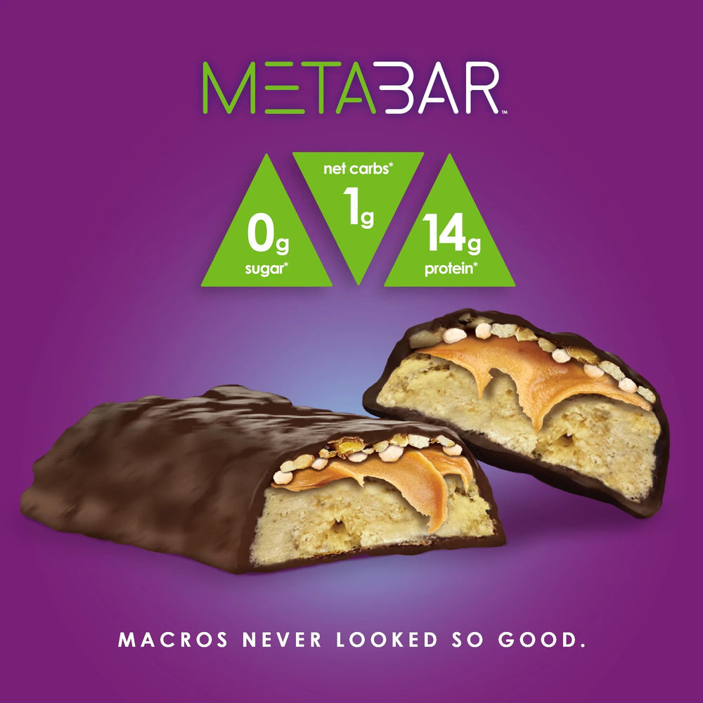 No Sugar META BAR gluten-free badge signals a bar suitable for gluten-sensitive snacking