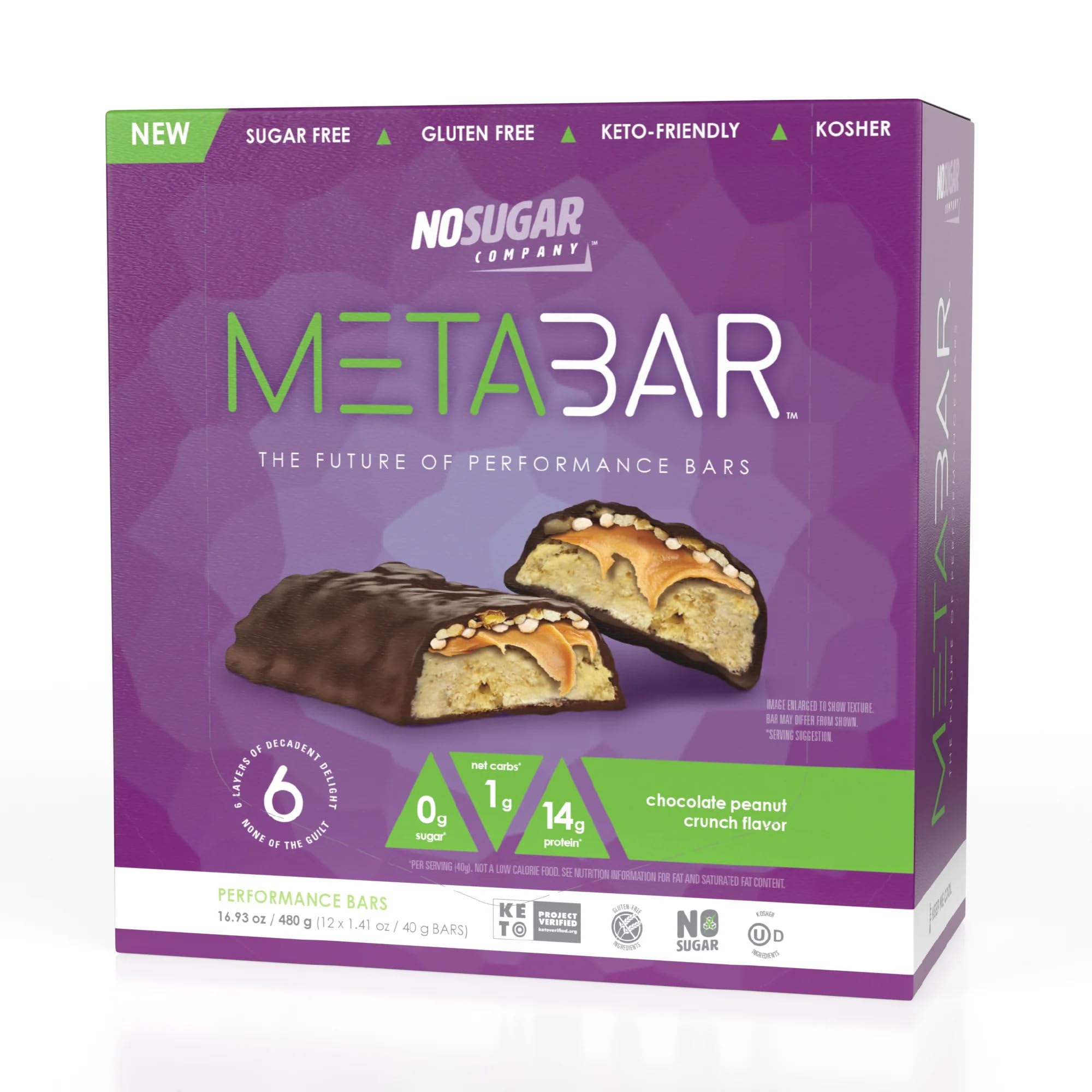 No Sugar META BAR packaging highlights keto-friendly, gluten-free snack in a convenient box