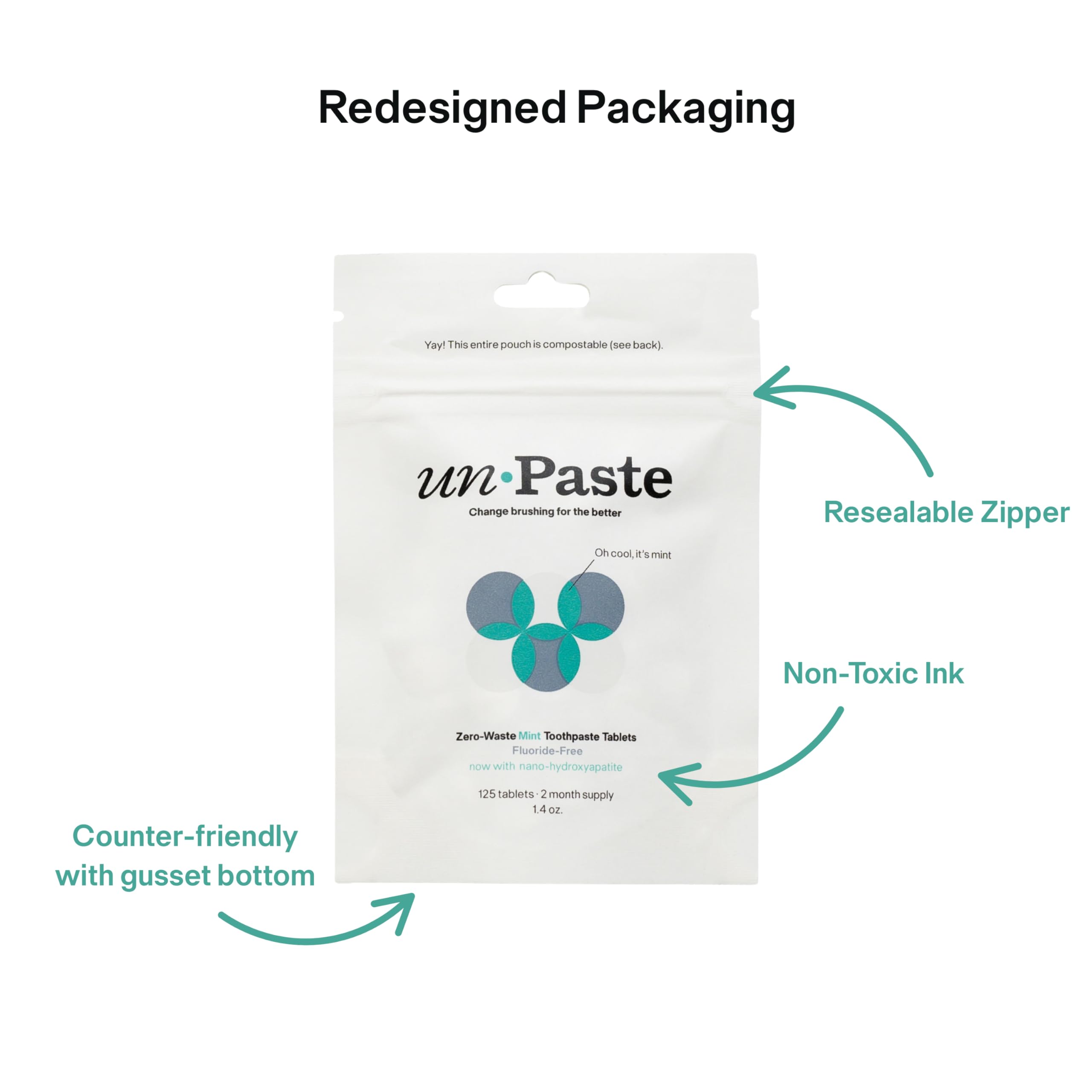 Label indicating no xylitol, no SLS, no microplastics