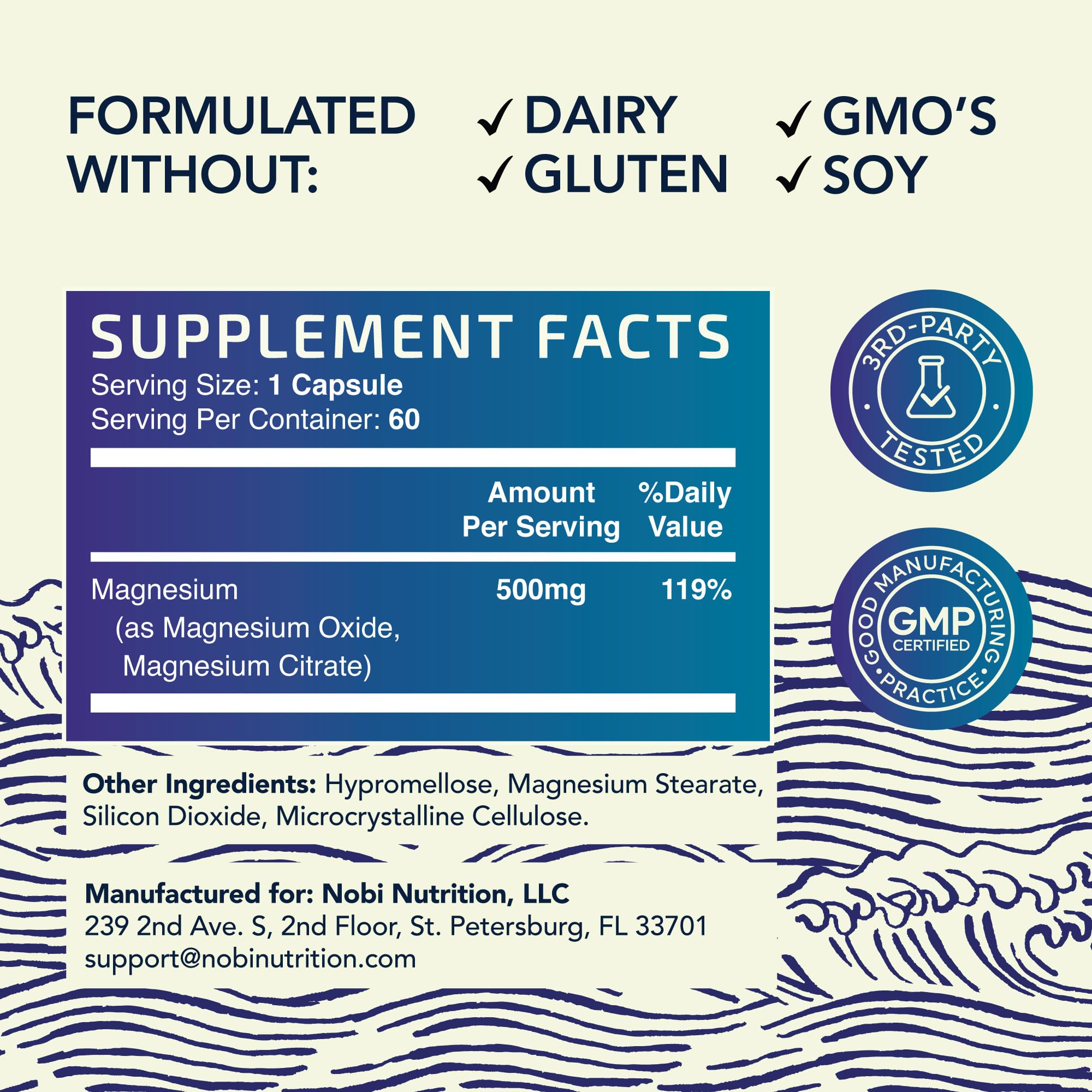 Close-up of Nobi Nutrition magnesium citrate label emphasizing non-GMO and soy-free.