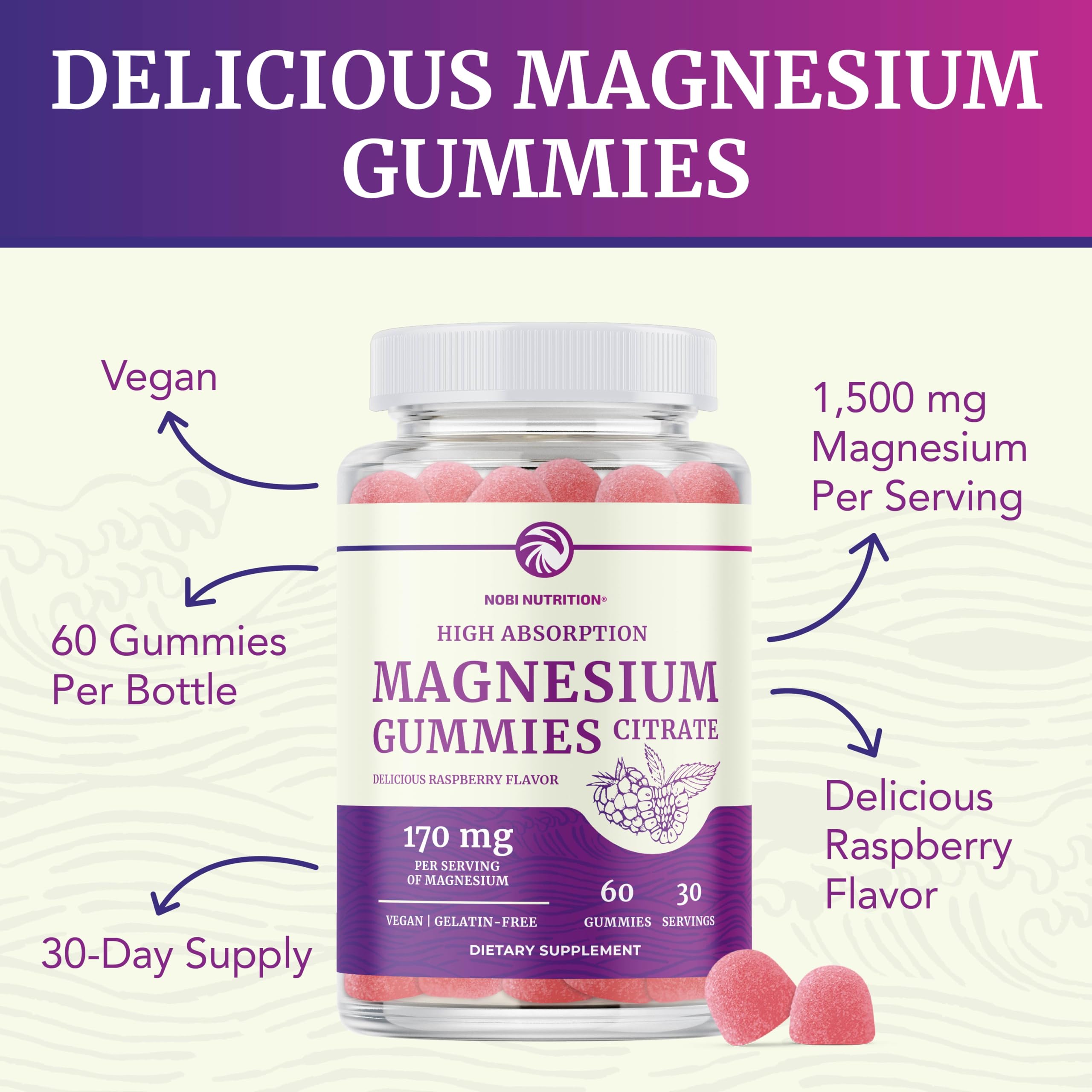Nobi Nutrition Magnesium Citrate Gummies inside bottle underscores chewable texture.
