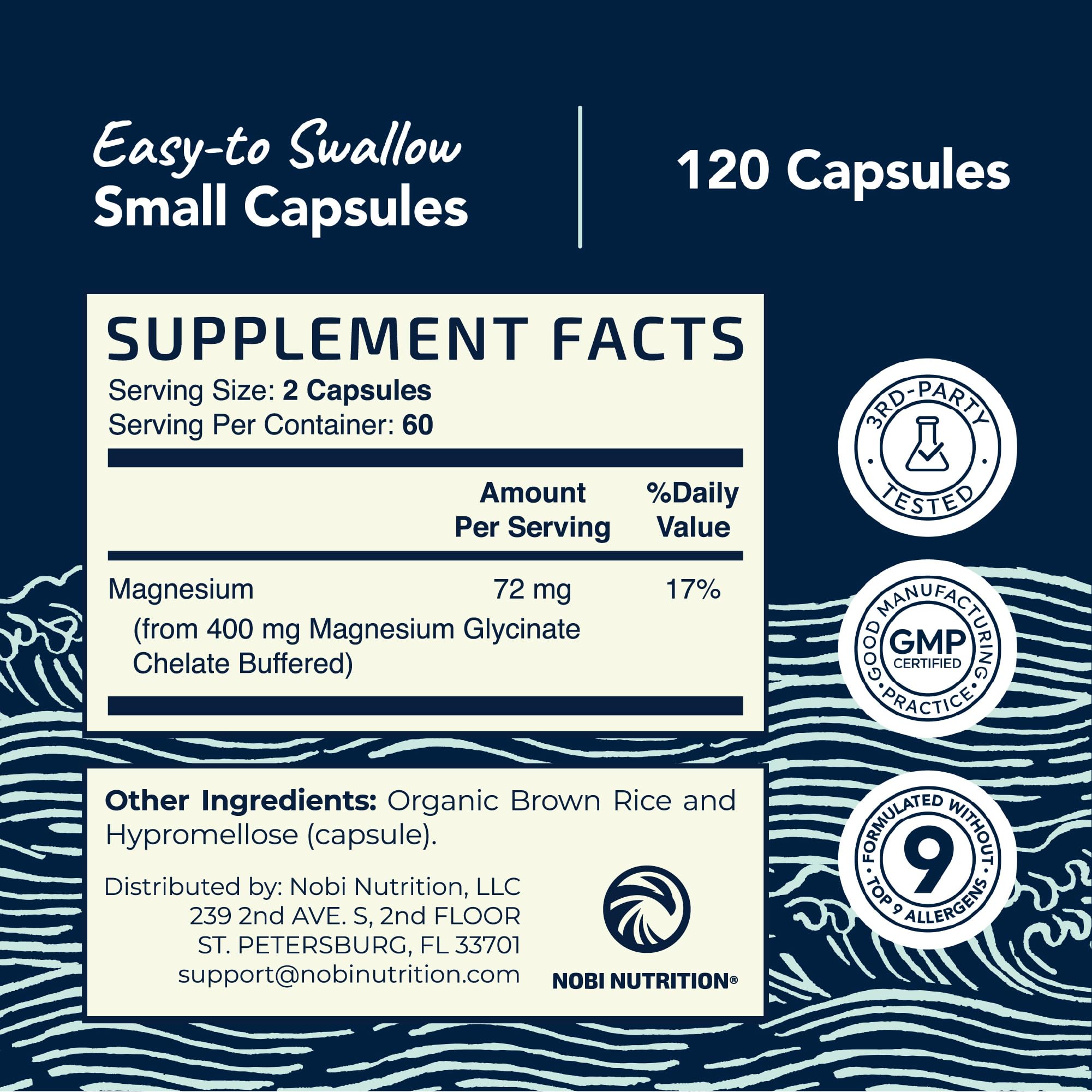 Close-up of Nobi Nutrition magnesium glycinate label emphasizing chelated form and gentle digestion.