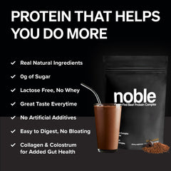 Ingredients panel showing grass-fed beef protein collagen colostrum organ blend
