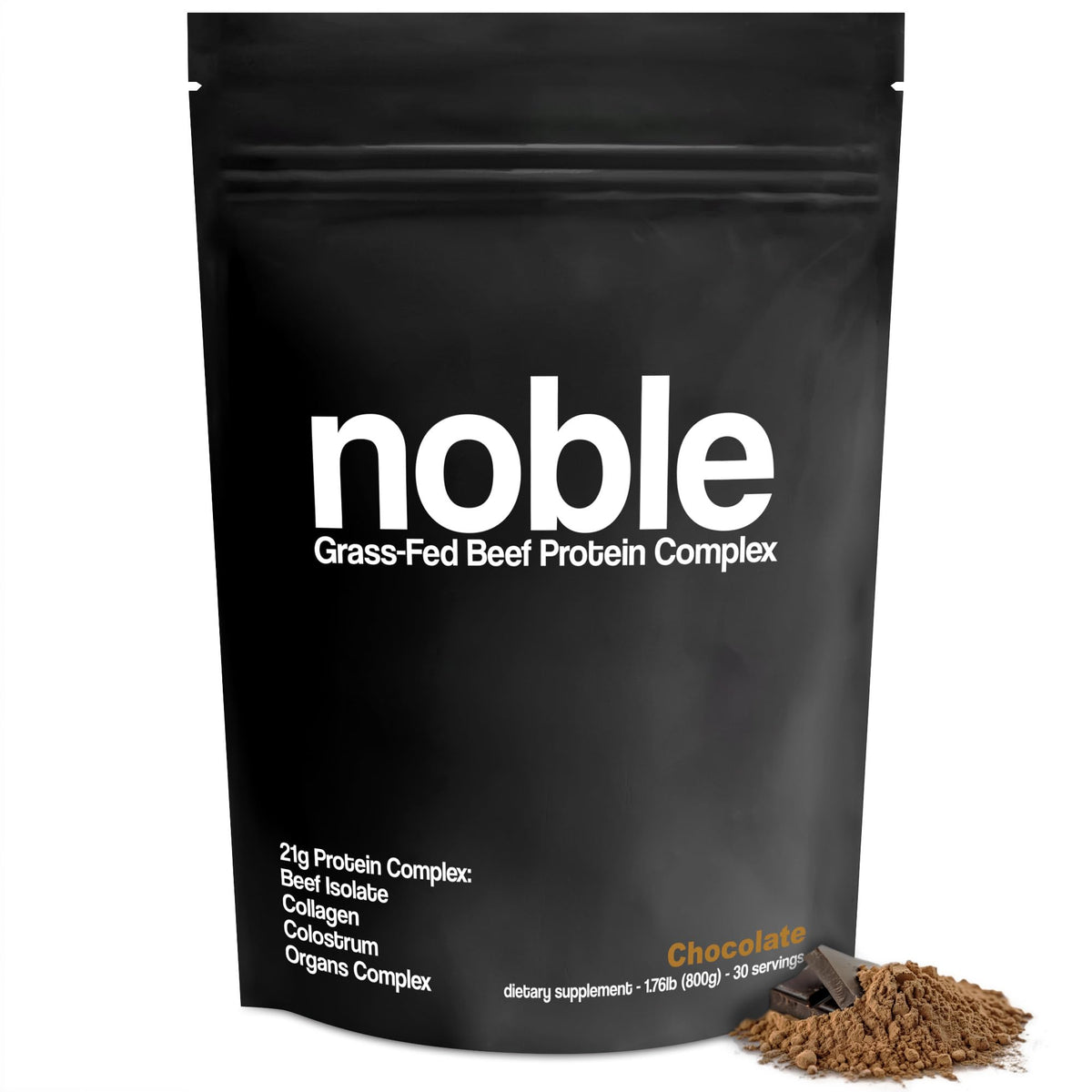 Front view of Noble All-in-One Chocolate Protein Powder container
