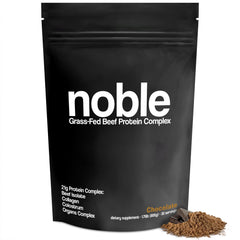 Front view of Noble All-in-One Chocolate Protein Powder container