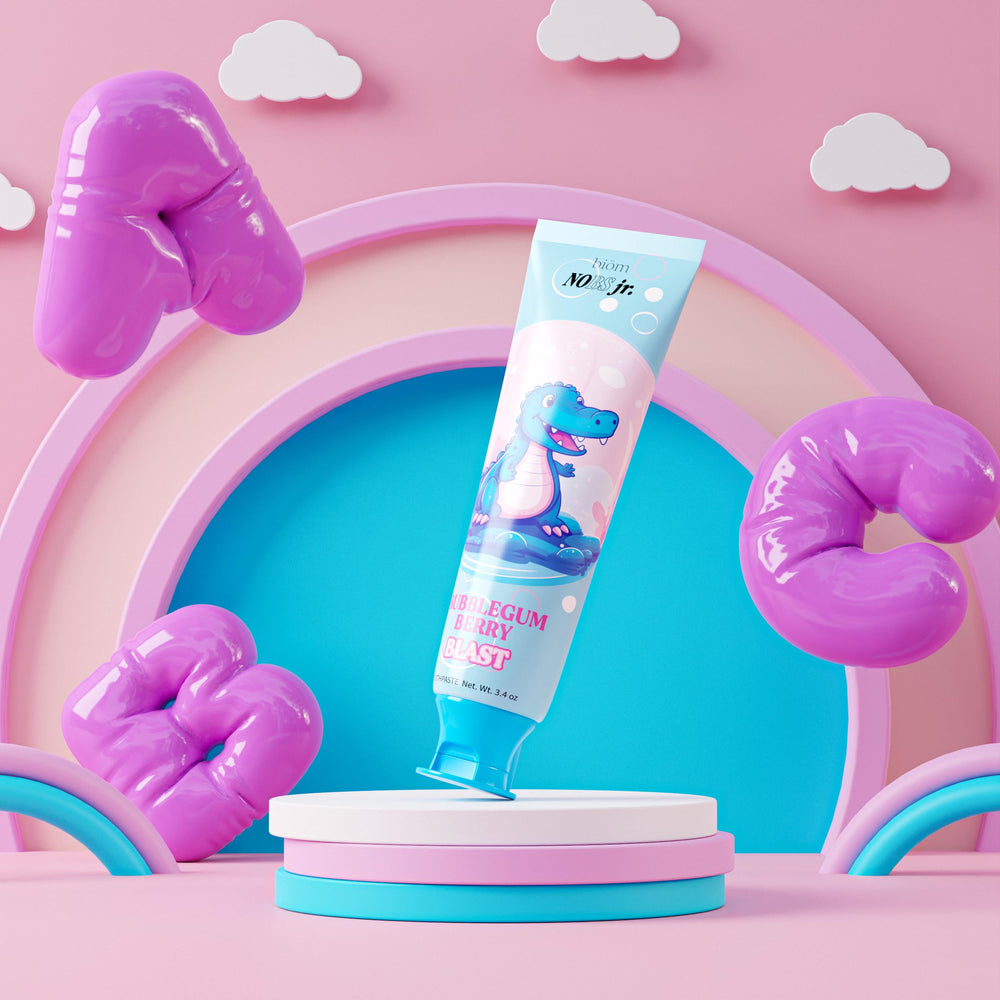 Bubblegum Berry toothpaste label on NOBS Jr. tube