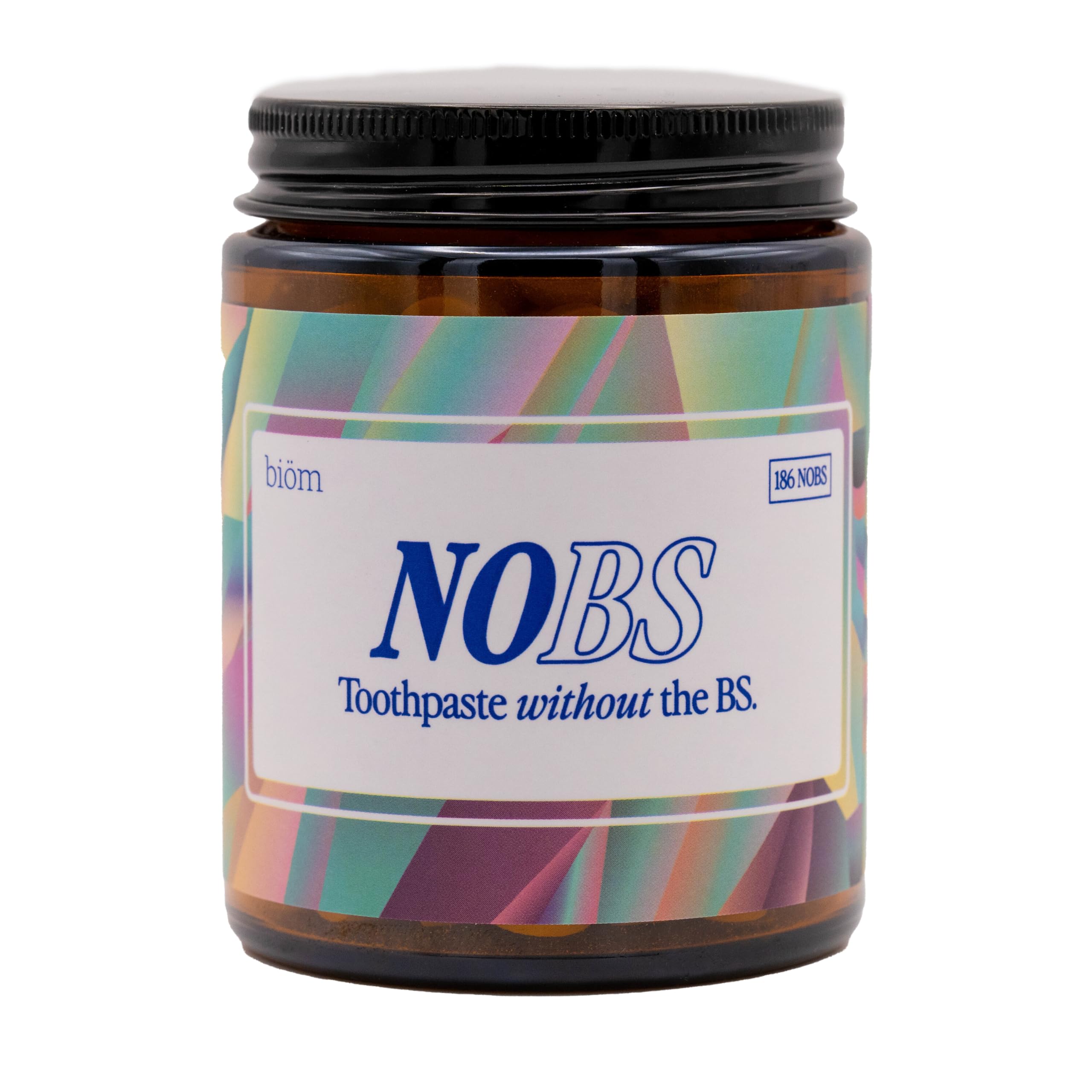 NOBS toothpaste tablets inside a glass jar