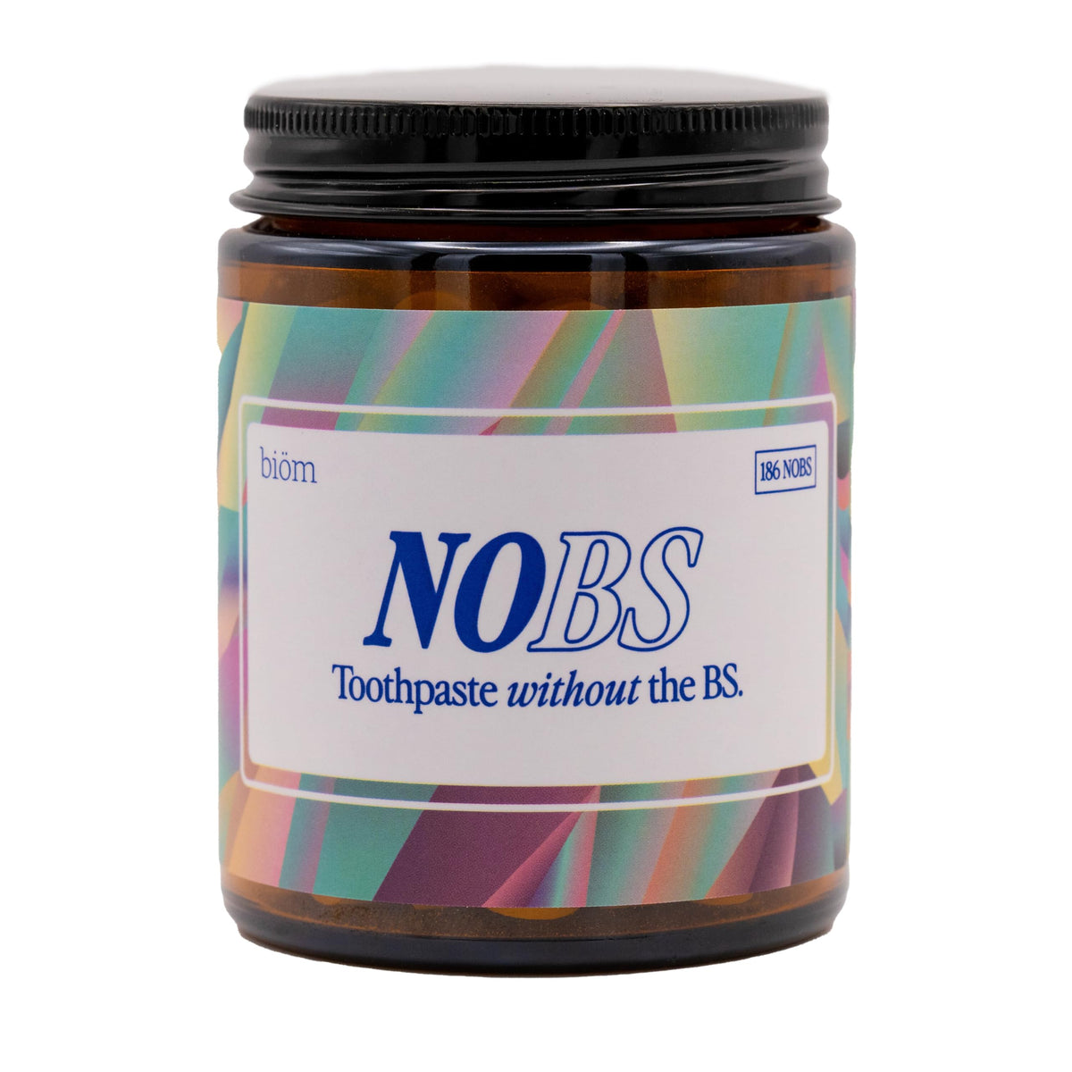 NOBS toothpaste tablets inside a glass jar