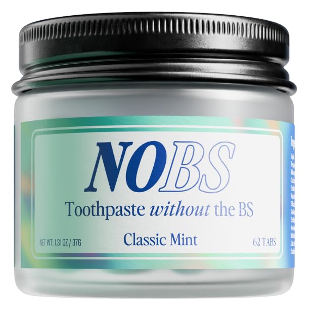NOBS toothpaste tablets in a glass jar packaging