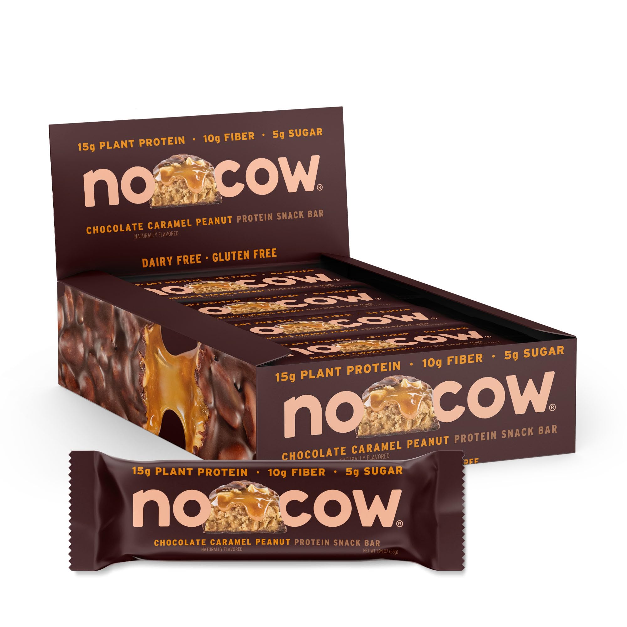 No Cow chocolate caramel peanut bar 12-count box for on-the-go protein and fiber boost.
