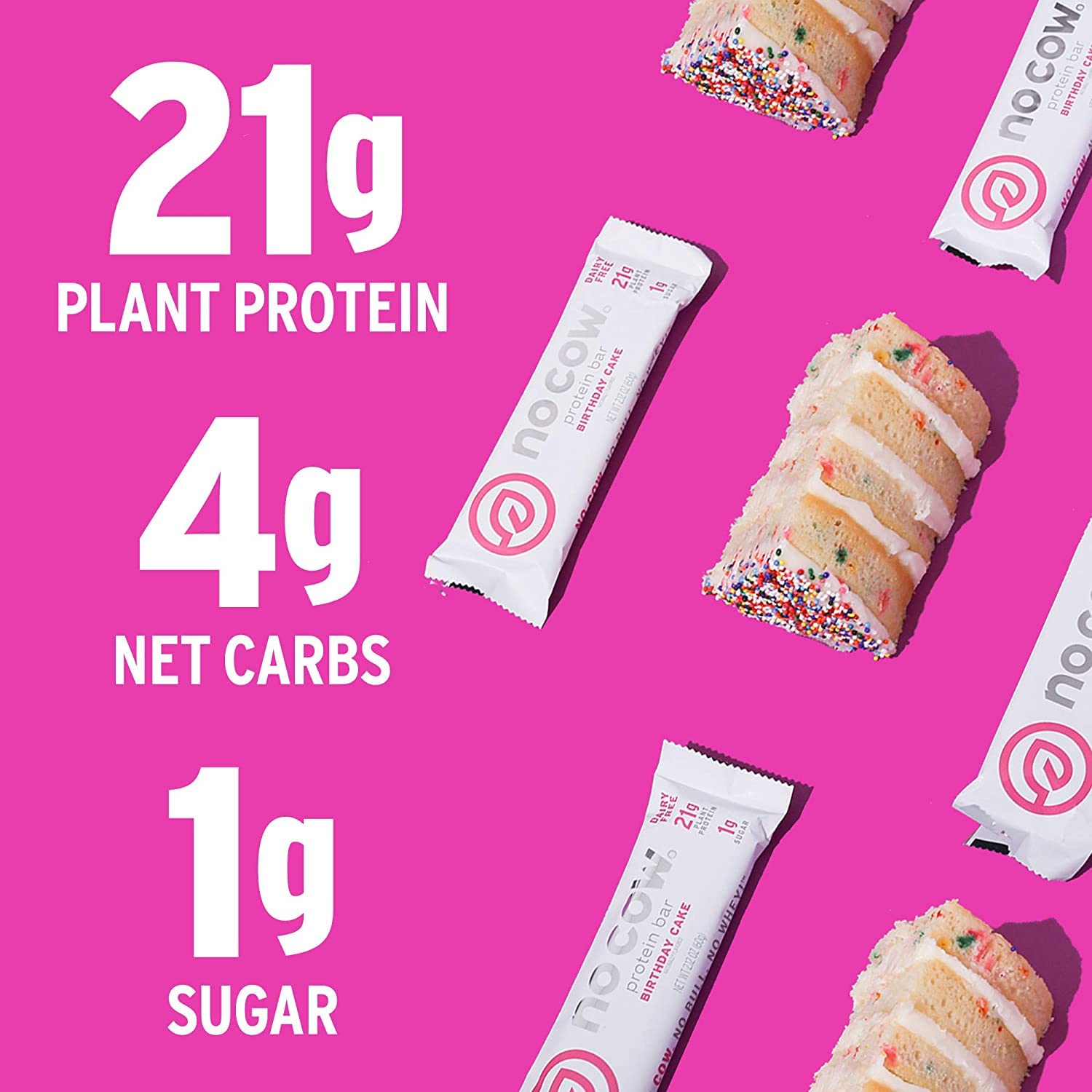 No Cow Birthday Cake bar keto-friendly label suggests low-carb snacking option.