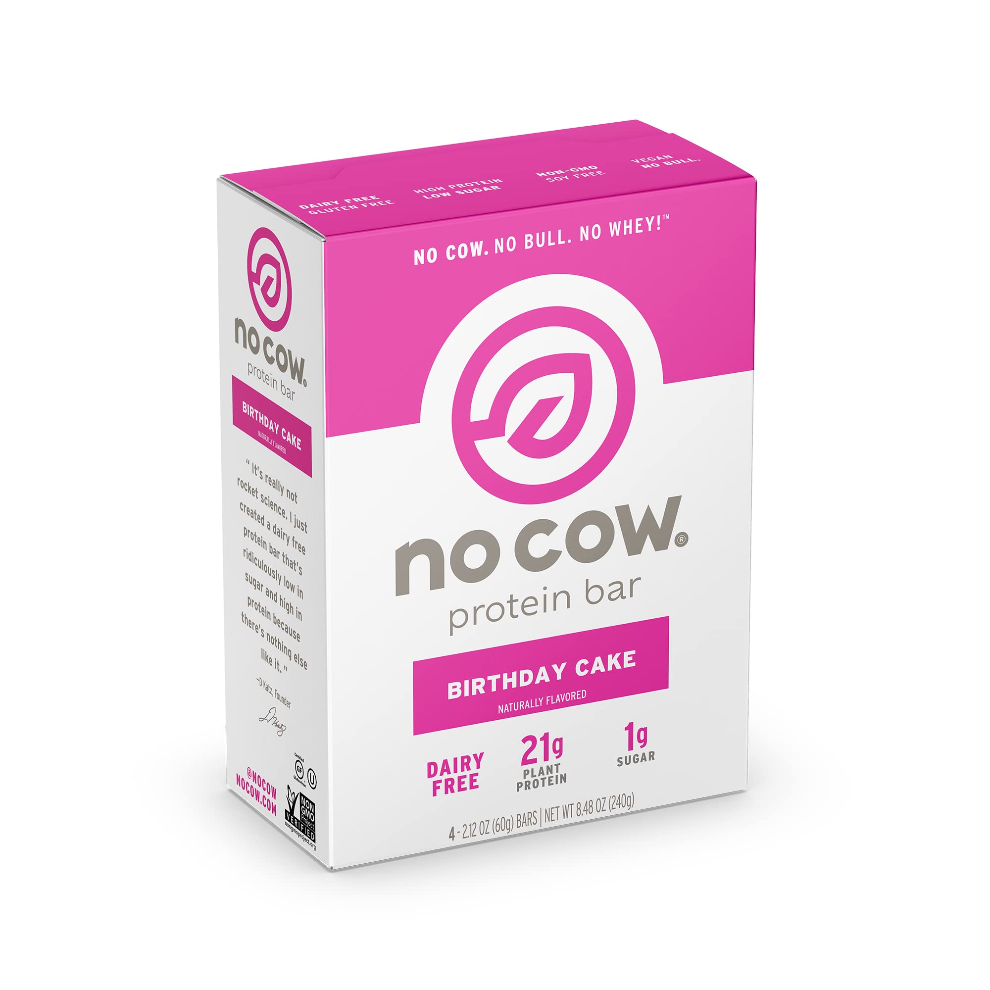 No Cow Birthday Cake high protein bar pack showing on-the-go energy boost.