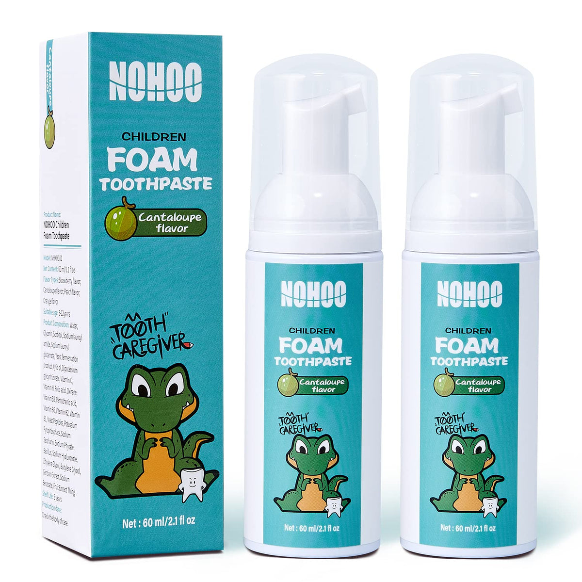 Front view of NOHOO Fluoride-Free Foam Toothpaste for Kids with cantaloupe label