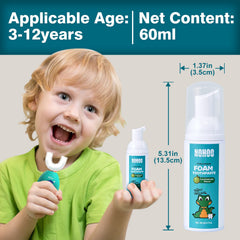 Happy child brushing teeth with cantaloupe flavored NOHOO toothpaste