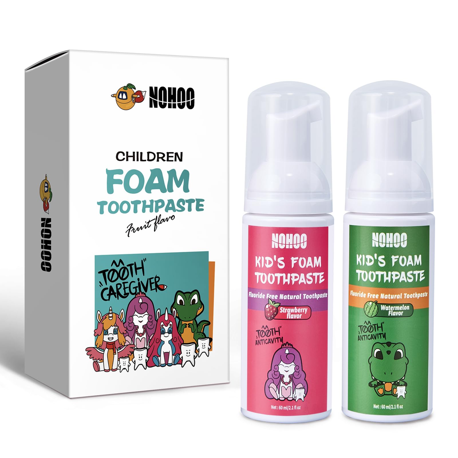 NOHOO fluoride-free foam toothpaste bottle for kids with strawberry-watermelon flavor