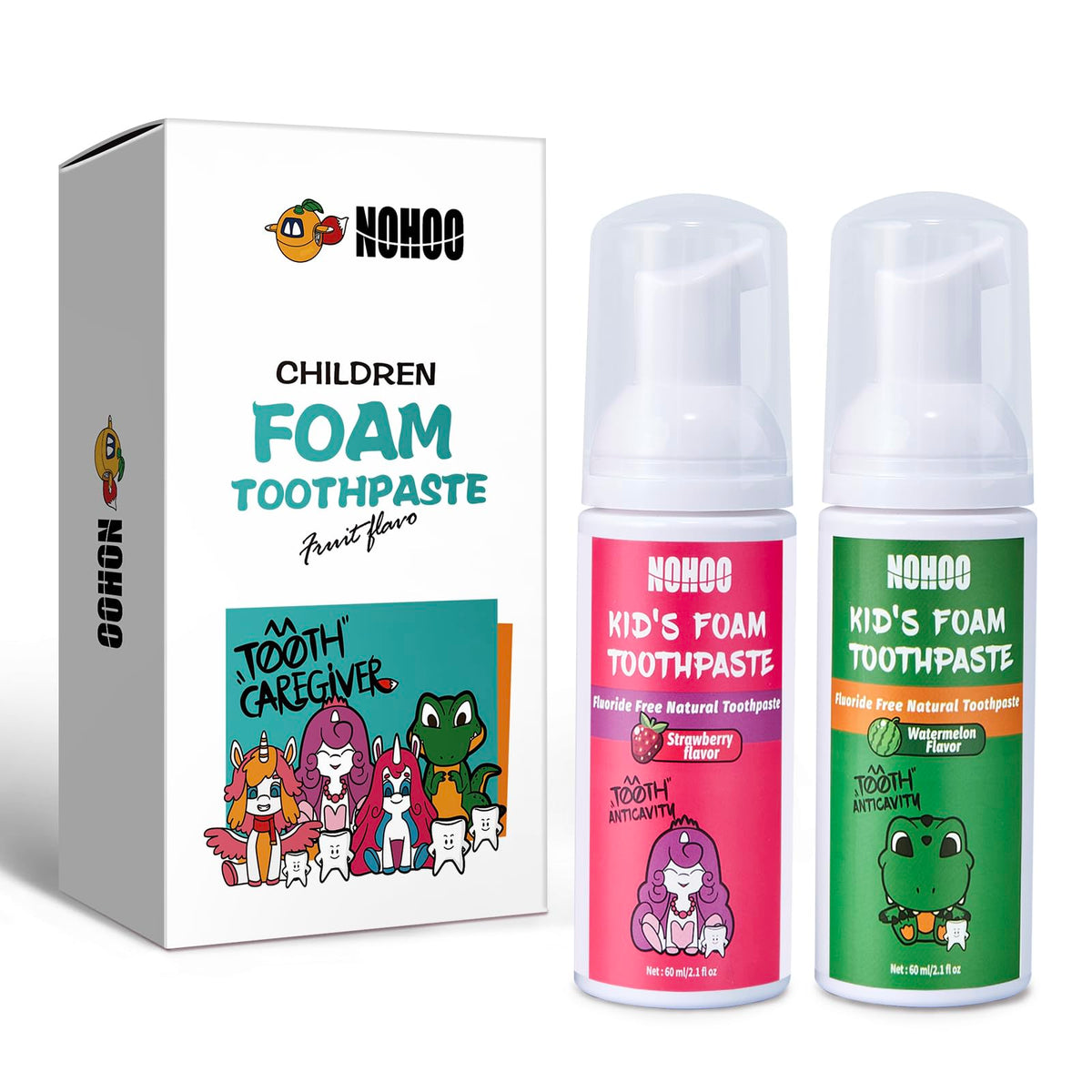 NOHOO fluoride-free foam toothpaste bottle for kids with strawberry-watermelon flavor