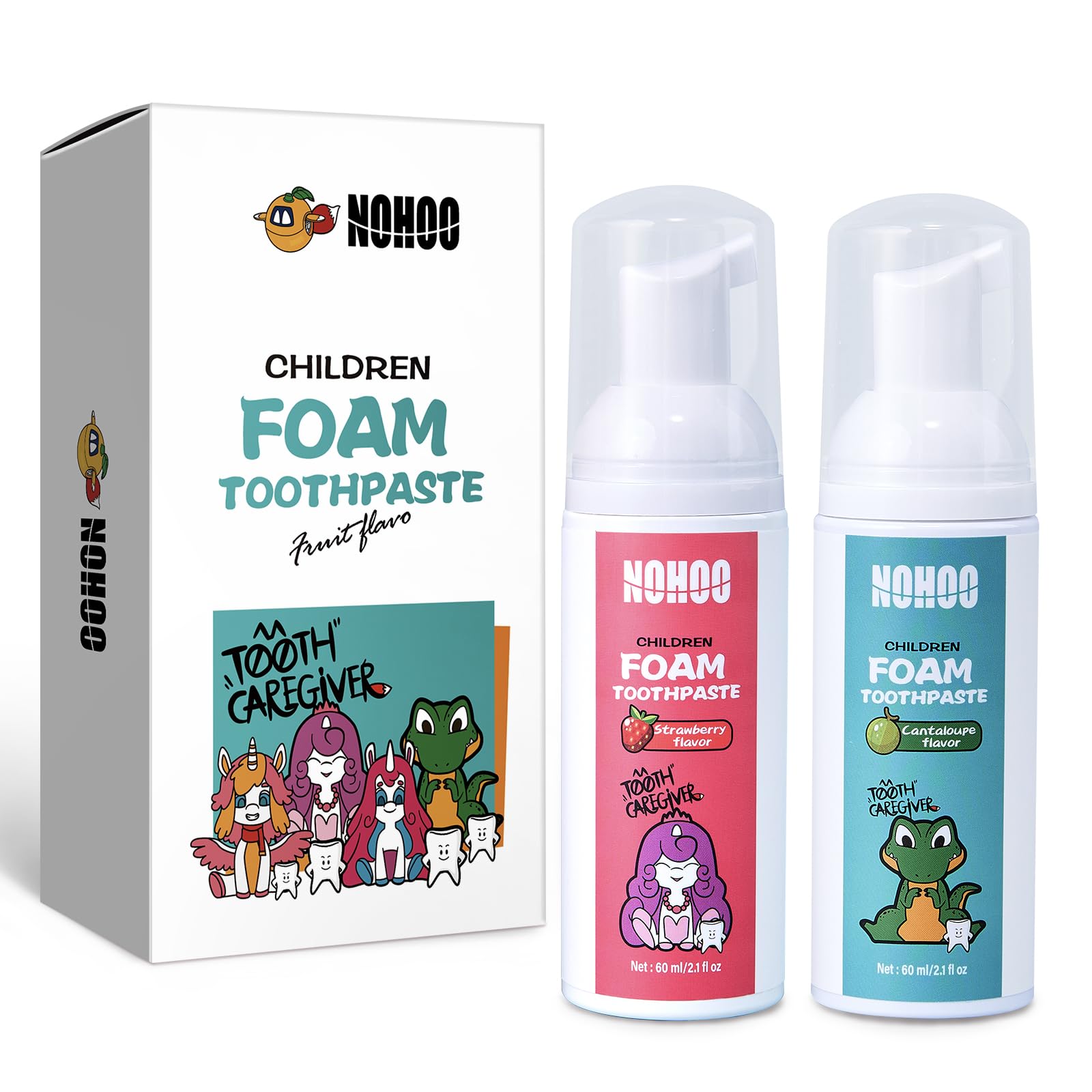 Front view of NOHOO fluoride-free foam toothpaste for kids with strawberry cantaloupe flavor