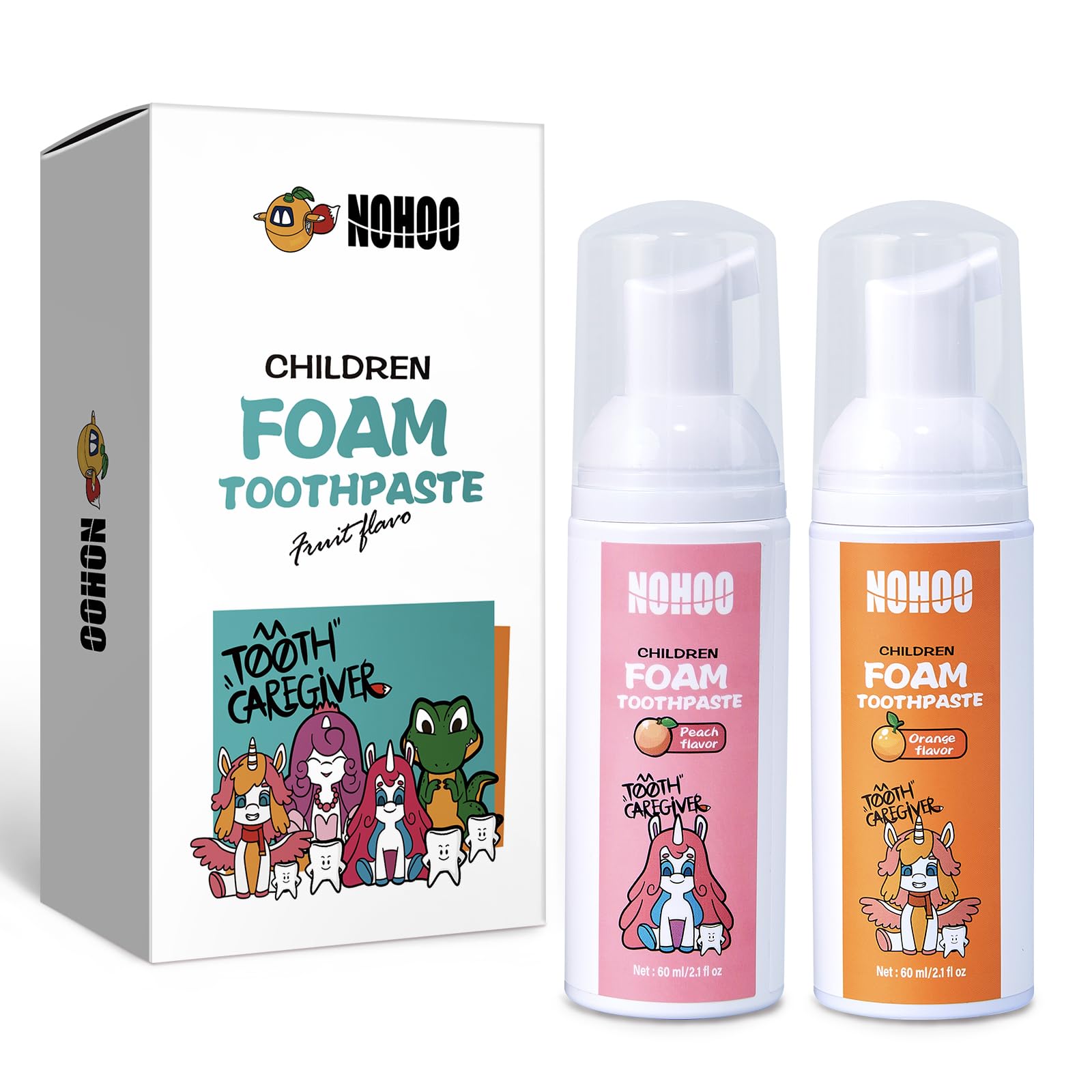 NOHOO fluoride-free foam toothpaste for kids – orange and peach, front view