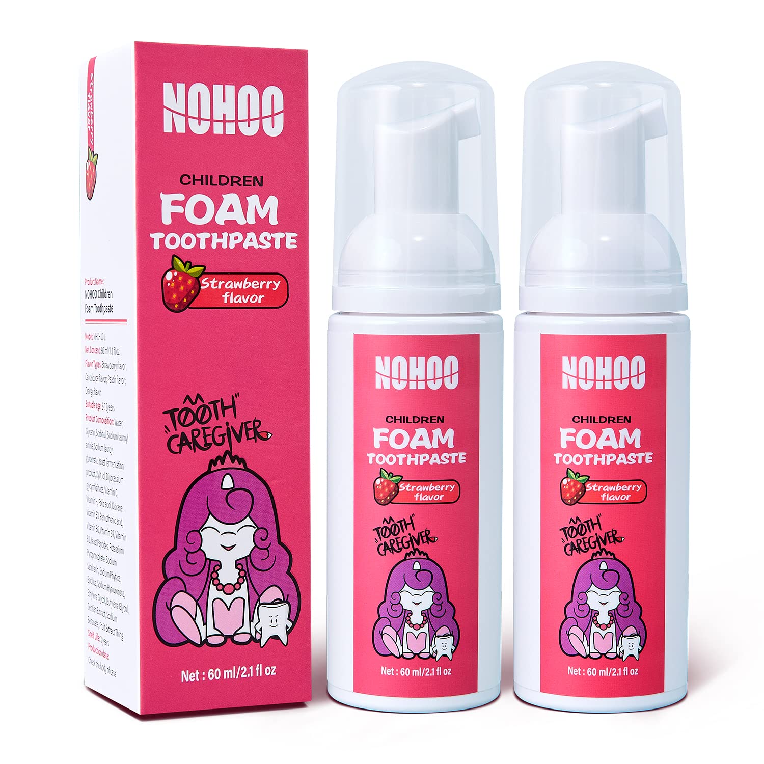 NOHOO Fluoride Free Foam Toothpaste for Kids Strawberry - front view with pump