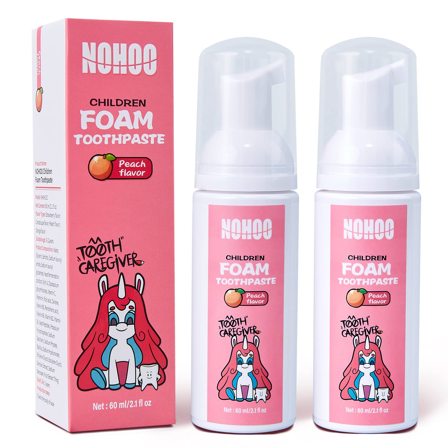 Front view of NOHOO fluoride-free kids peach toothpaste in a 60ml pump bottle