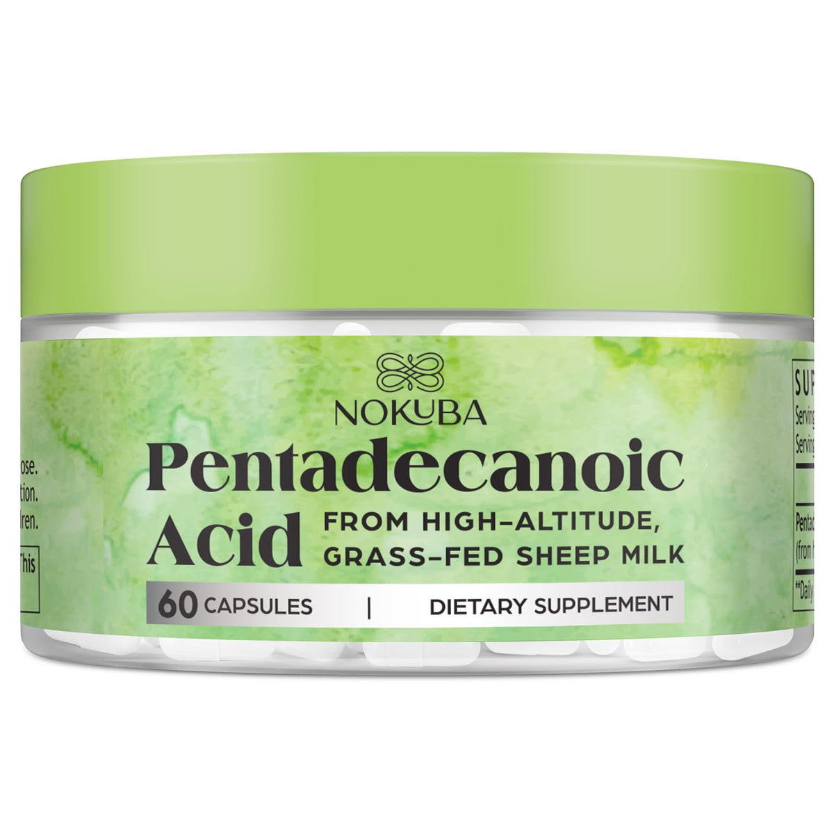 Front view of Nokuba Pentadecanoic Acid bottle with 60 capsules