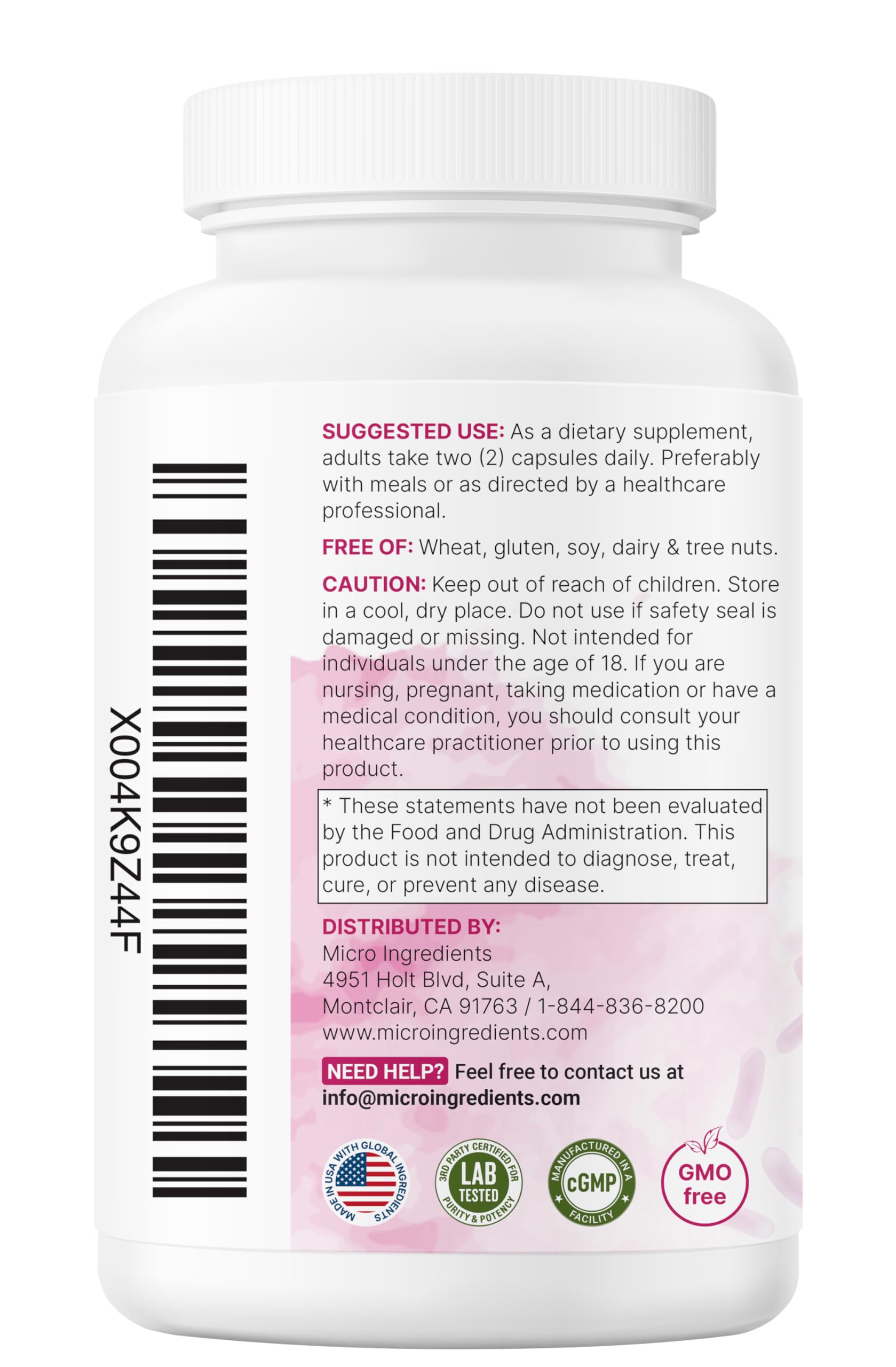 Non-GMO, dairy-free, gluten-free label on bottle