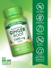 Non-GMO and gluten-free ginger capsules label