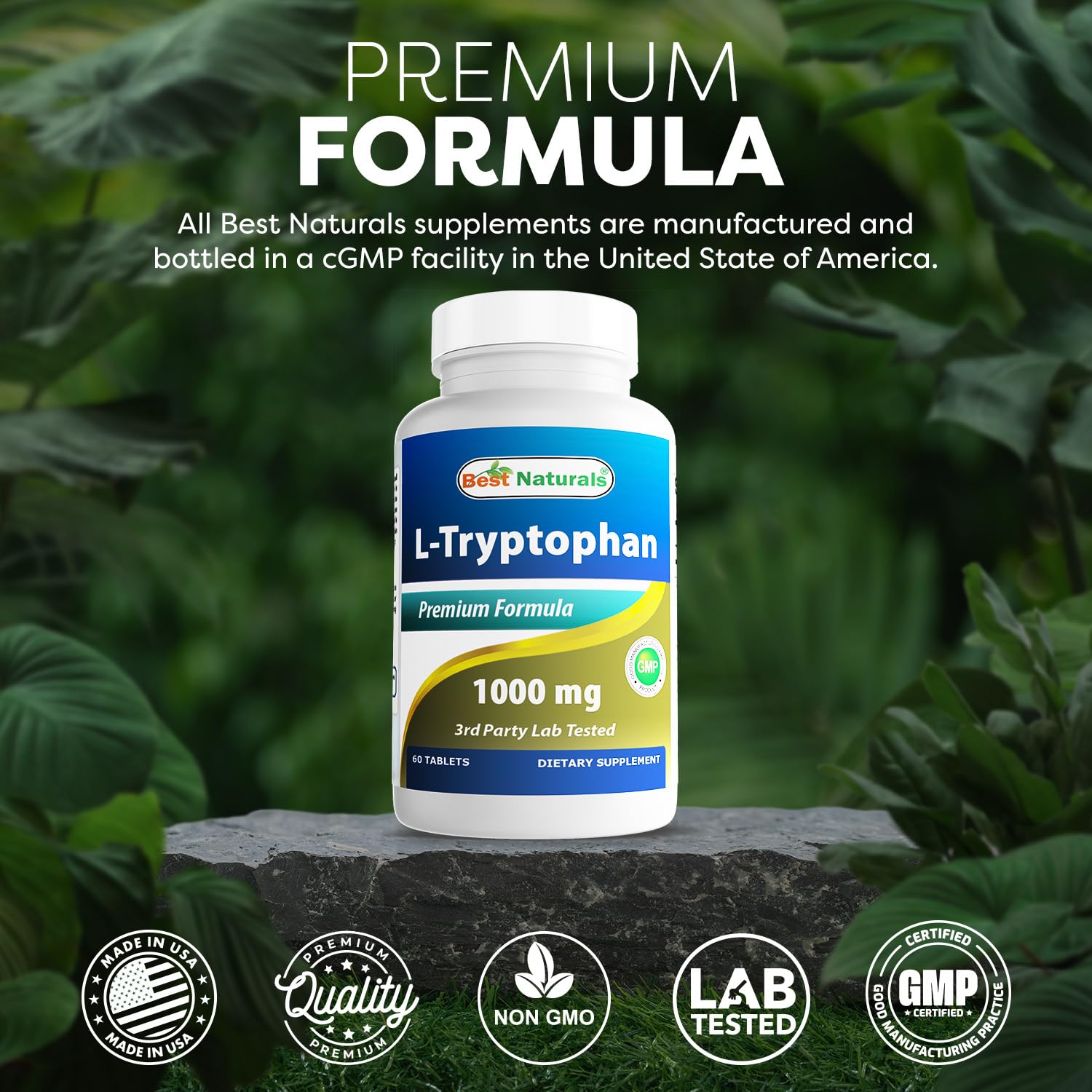 Non-GMO and gluten-free certification visual for L-Tryptophan