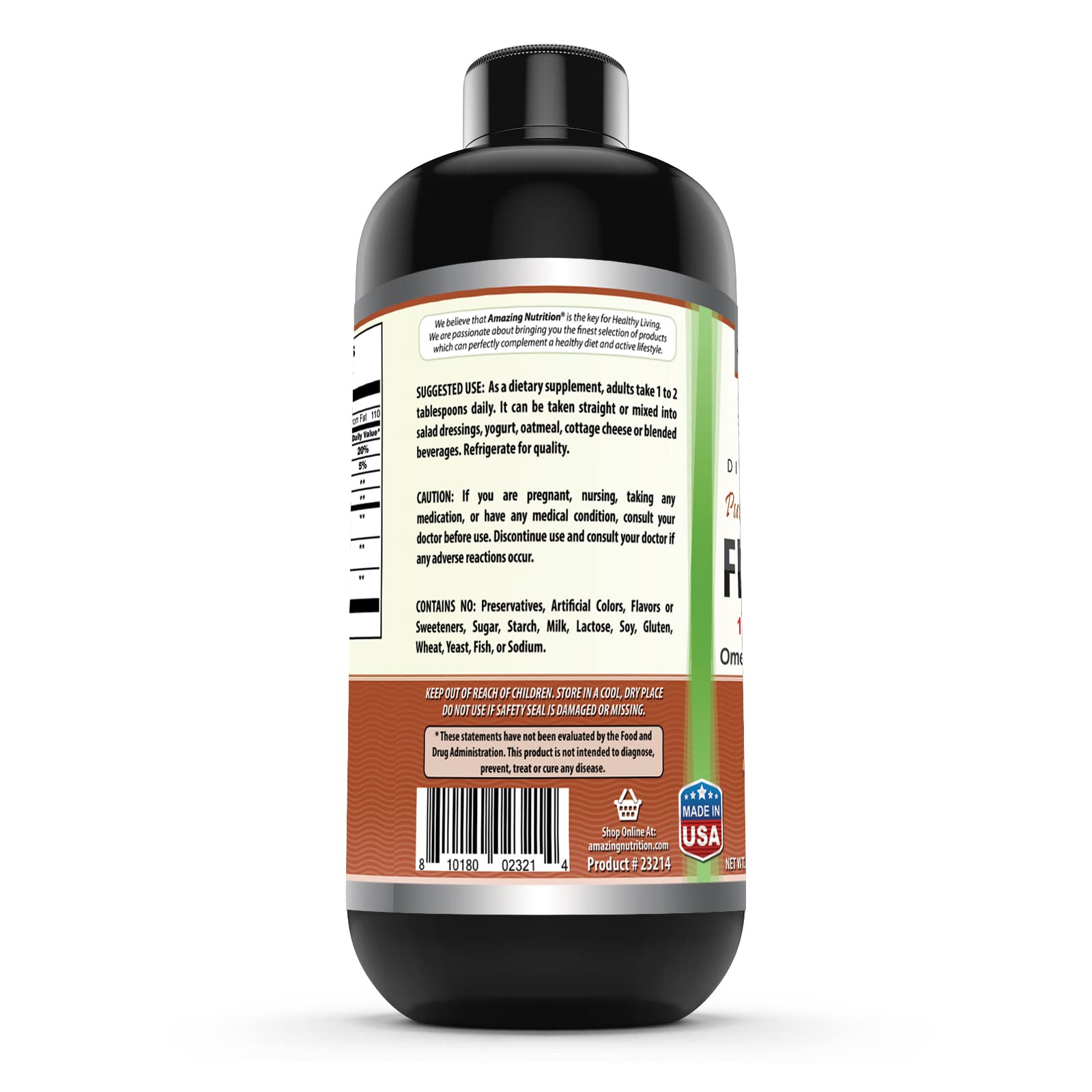 Non-GMO and Gluten Free label on flaxseed oil bottle