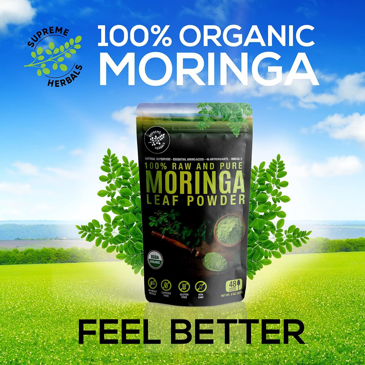 Non-GMO, gluten-free moringa powder nutrition label