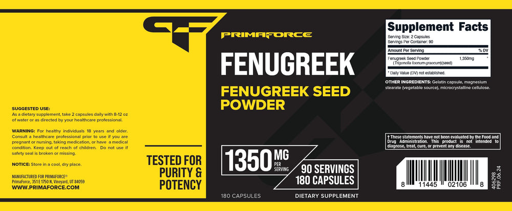 Non-GMO and gluten-free PrimaForce fenugreek capsules on bottle
