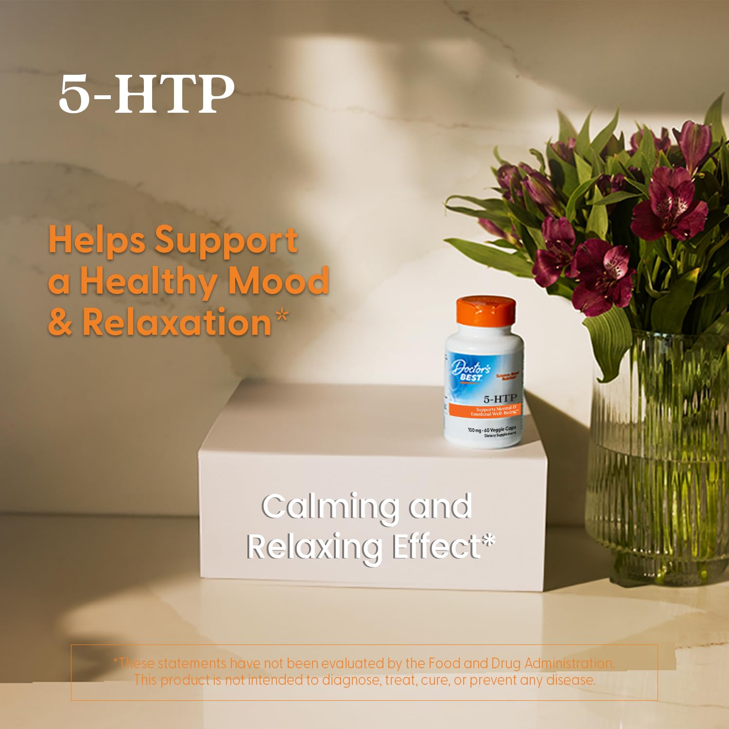 Non-GMO, gluten-free, vegan 5-HTP supplement label