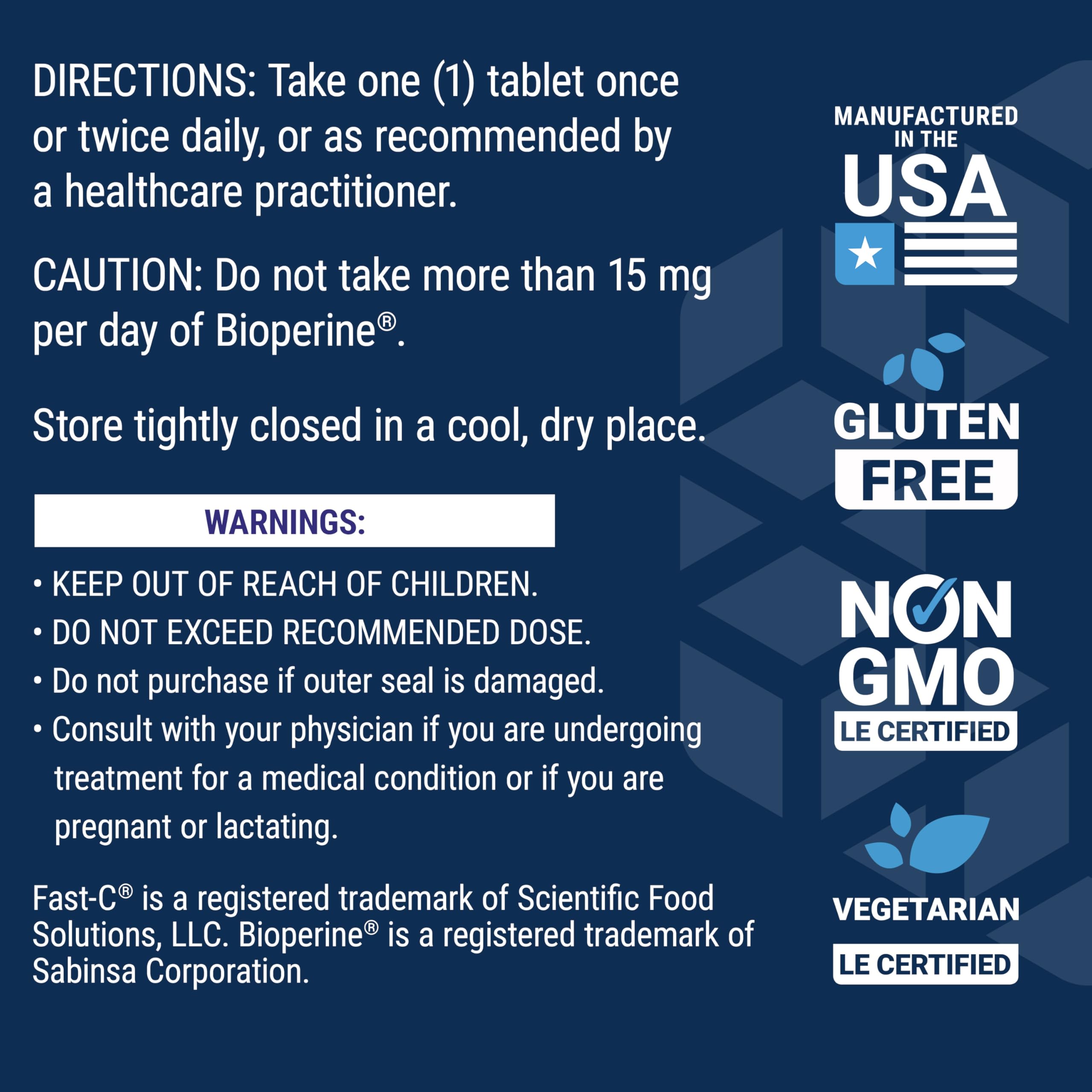 Label showing non-GMO, gluten-free, vegetarian formulation