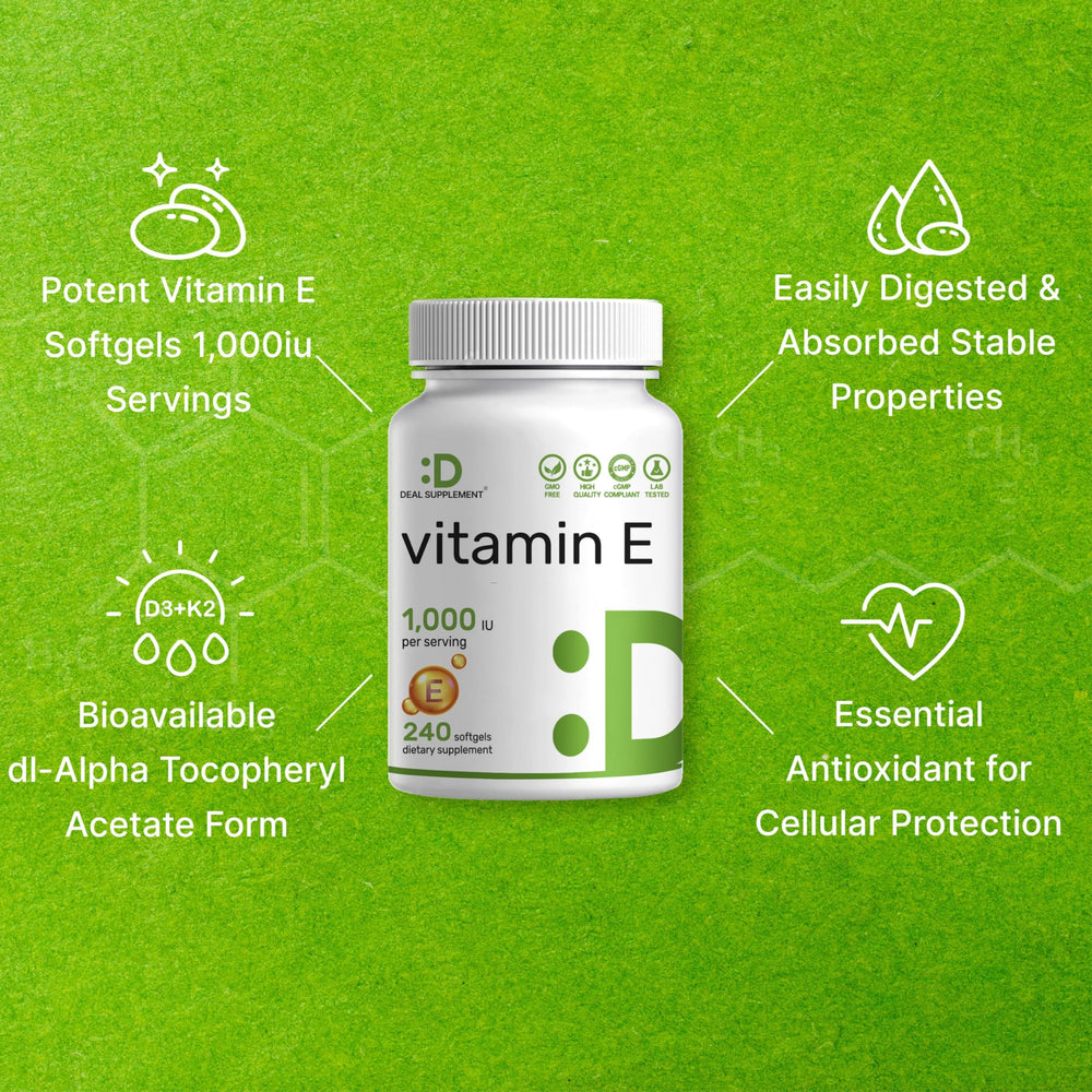 Label showing Non-GMO, gluten-free, dairy-free Vitamin E supplement